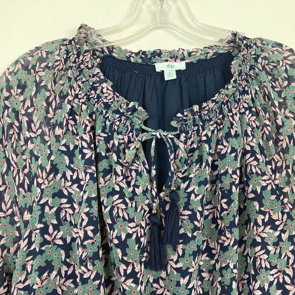 Dip Tiered Midi Dress Size M Green & Blue Floral Tasseled Long Sheer Sleeves - Picture 2 of 9